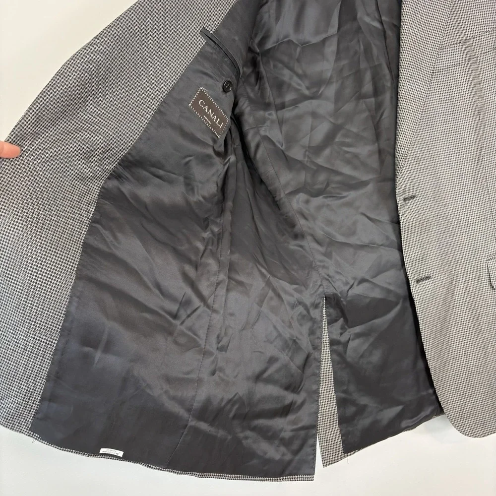 Canali Blazer Mens 44L Houndstooth Silk Wool Sport Coat Jacket Gray Black